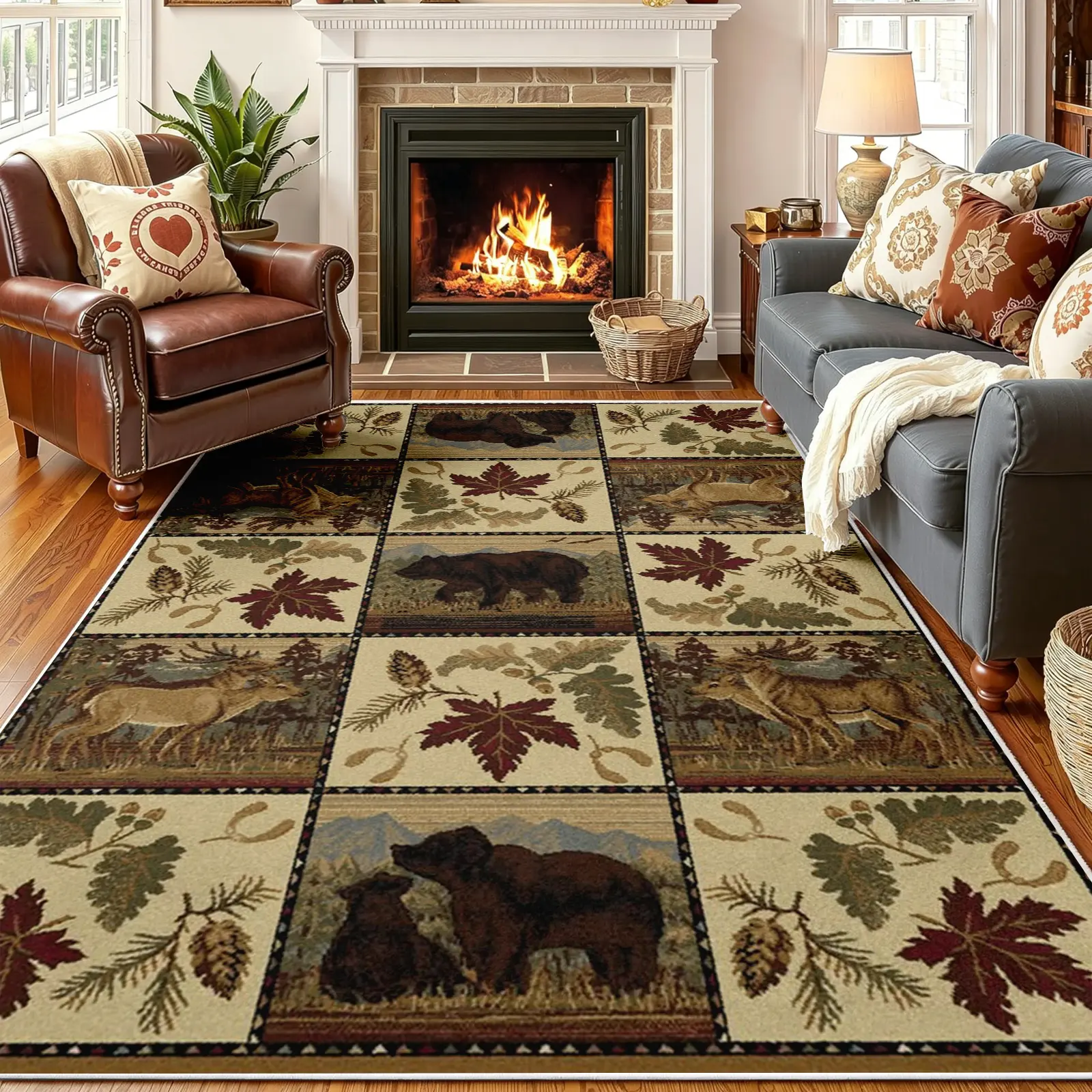 Vintage Tapestry Area Rug, Classic 12-Panel Grid with Realistic Bear, Deer & Maple Leaf Print, Non-Slip Washable Carpet, Soft Durable Floor Mat, Aesthetic Rugs for Living Room Cabin Home Decor, 8 x 10 ft Area Rugs