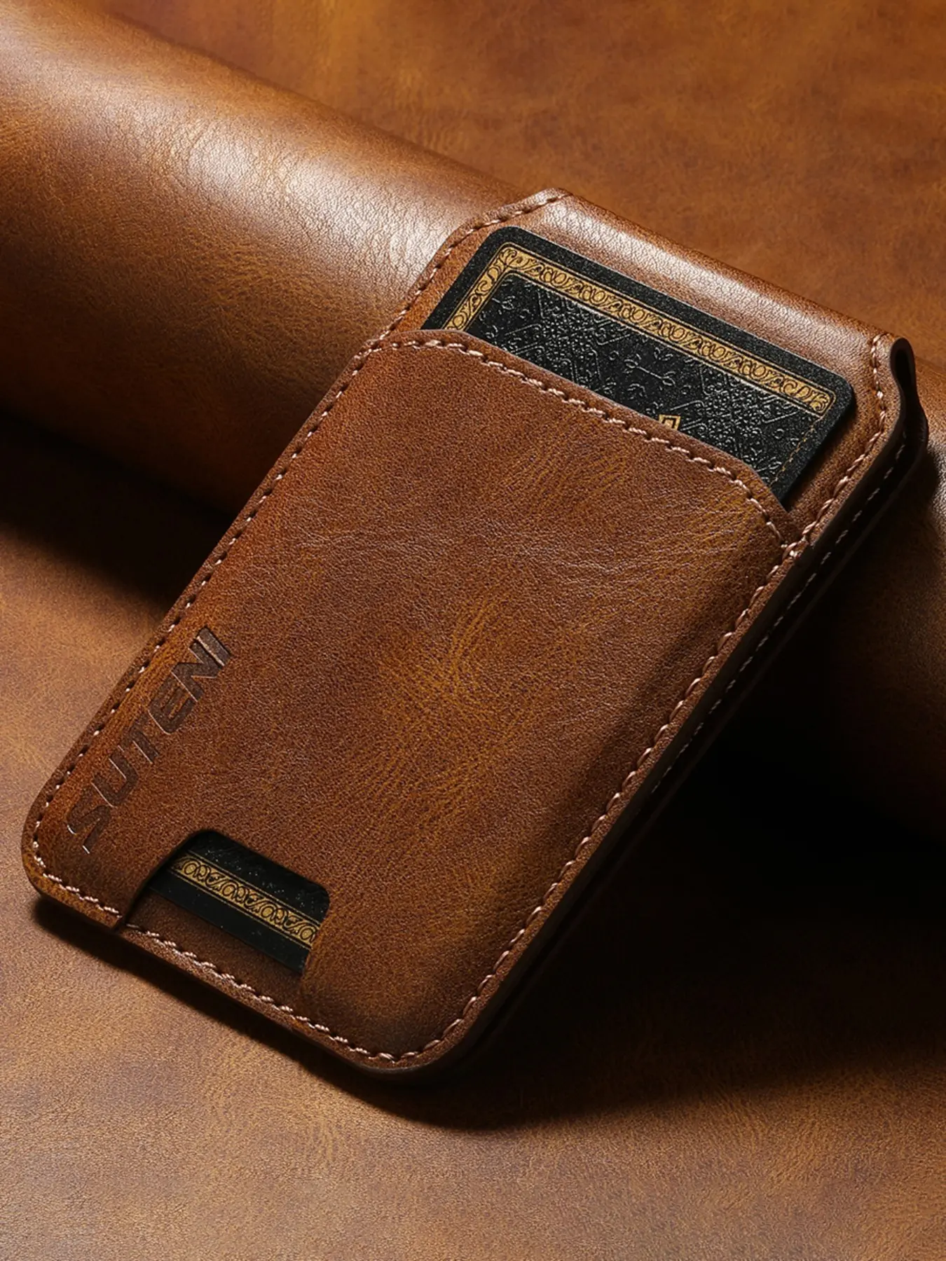 SUTENI Luxury Faux Leather Mobile Phone Wallet Flip Pocket Adhesive Card Holder Storage Bag Business Style Wallet Business Wallets For Unisex Relatives Friends and Elders Holiday Gift