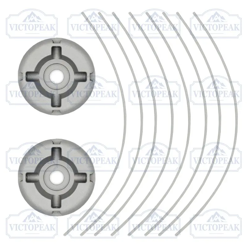 Two small aluminum discs with grass trimmer heads, equipped with 8 trimming lines, suitable for most lawn mowers. Easy to install. Replacement part for the mower head. Grass Trimmer Accessories