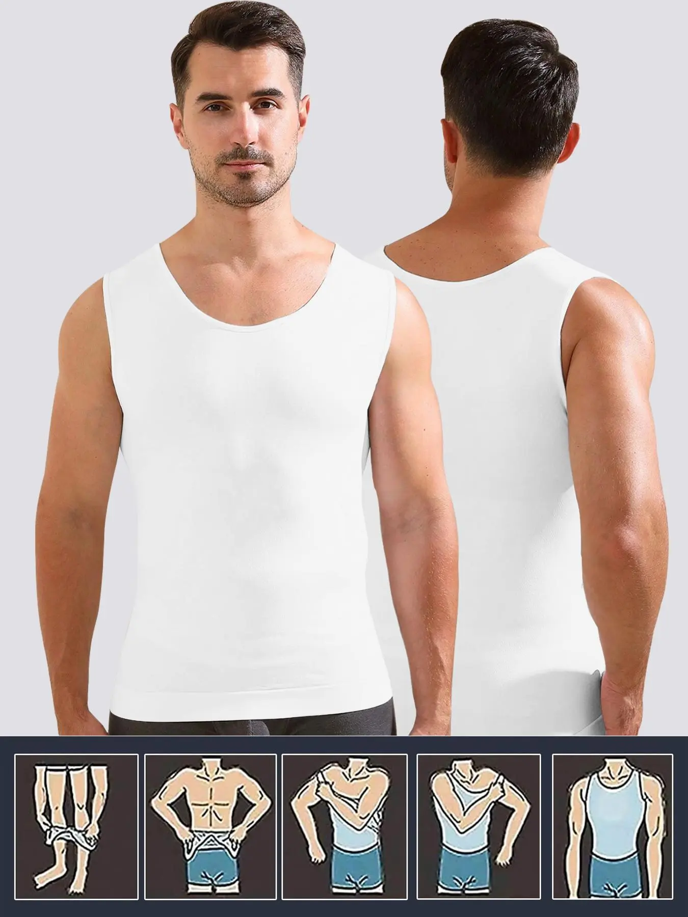 Men's Solid Round Neck Compression Shapewear Tank Top, High Stretch Tummy Control Shaper, Seamless Shapewear Top for Men