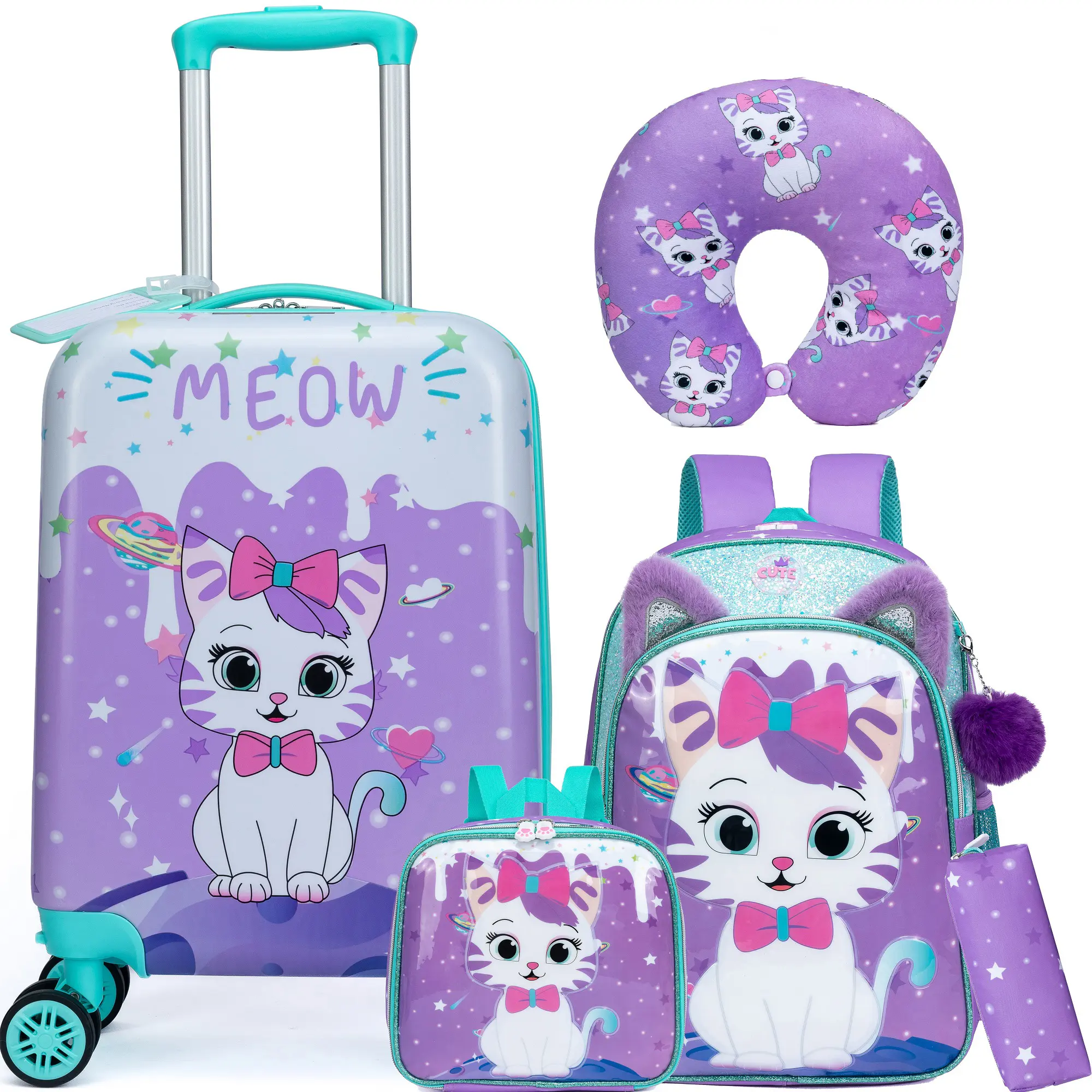 Girls Cute Purple Galaxy Kitten Hardshell Luggage 5 Pcs Set | Meow Space Cat Rolling Suitcase with School Backpack Insulated Lunch Box Pencil Pouch & Neck Pillow | Kids Travel Combo 2026
