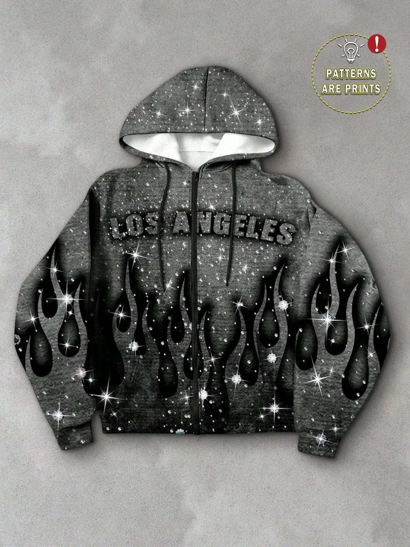 Men's Los Angeles Letter Flame Rhinestone Print Zipper Hoodie, Y2K Vintage Washed Glitter Print, Loose-Fitting Long Sleeve Jacket