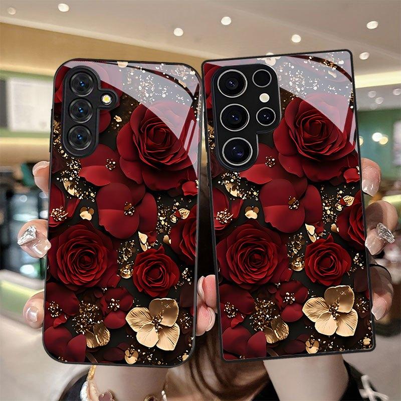 Stylish Tempered Glass Protective Case with a Rose Flower Design for Various for Samsung Galaxy S26 S25 S24 S23 S22Pro S21 S20 Fe Plus Ultra Pro A56 A55 A54 A53 A52 A51 A36 A35 A34 A32 A26 A25 A24 A23 A16 A15 A14 A06 A05 A03s, Offering Anti-Drop Features