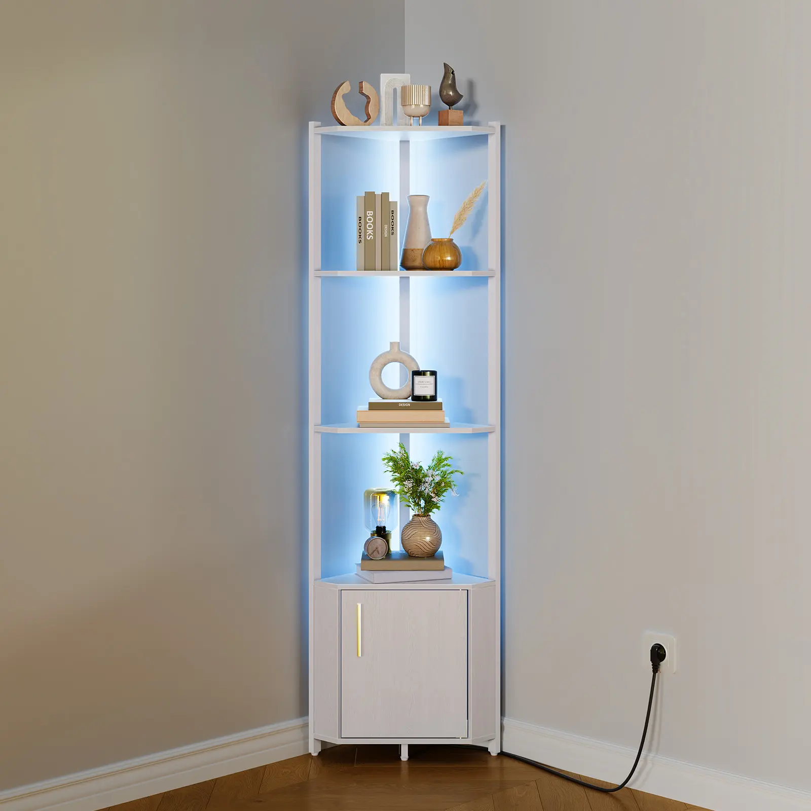 5-Tier LED Corner Shelf, Adjustable Brightness, Modern Wall Mounted Display Rack, Space-Saving Organizer with LED Strips for Bedroom, Living Room, Home Office - Lighted Bookshelf