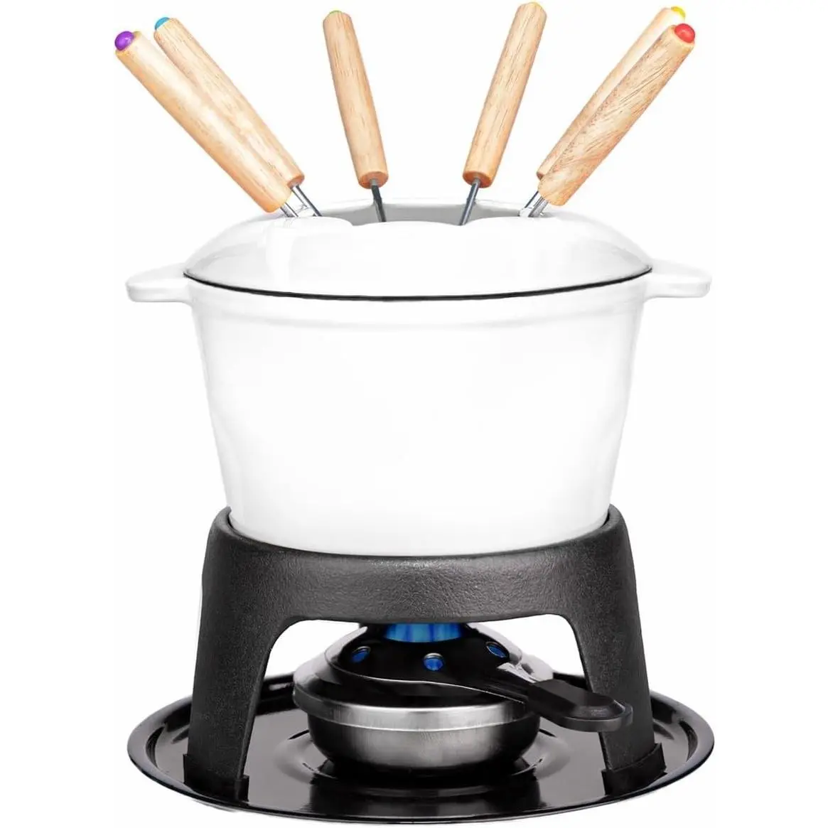 Mabeeze Cast Iron Fondue Pot Set White Enameled 1.6 Qt for Cheese, Chocolate, or Meat: Includes 6 Fondue Forks | Cheese, Chocolate & Meat Fondue Pot with Burner, Stand & Splash Guard
