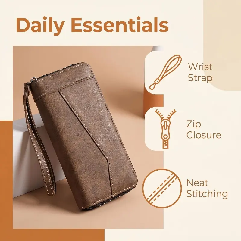 Women's Matte Faux Leather Wristlet Wallet with Wrist Straps - 20x10cm Portable Zipper Clutch, Daily Use Bag for Commute, Fits Cards, Cash, Smartphone, Matte Texture, Neat Stitching, Zip Closure, Minimalist Decluttering