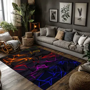 Rainbow Neon Geometric Crystal Velvet Gaming Area Rug #RainbowNeonRug #GamingTechFloorMat #MulticolorLightningCarpet #CrystalVelvetHomeDecor