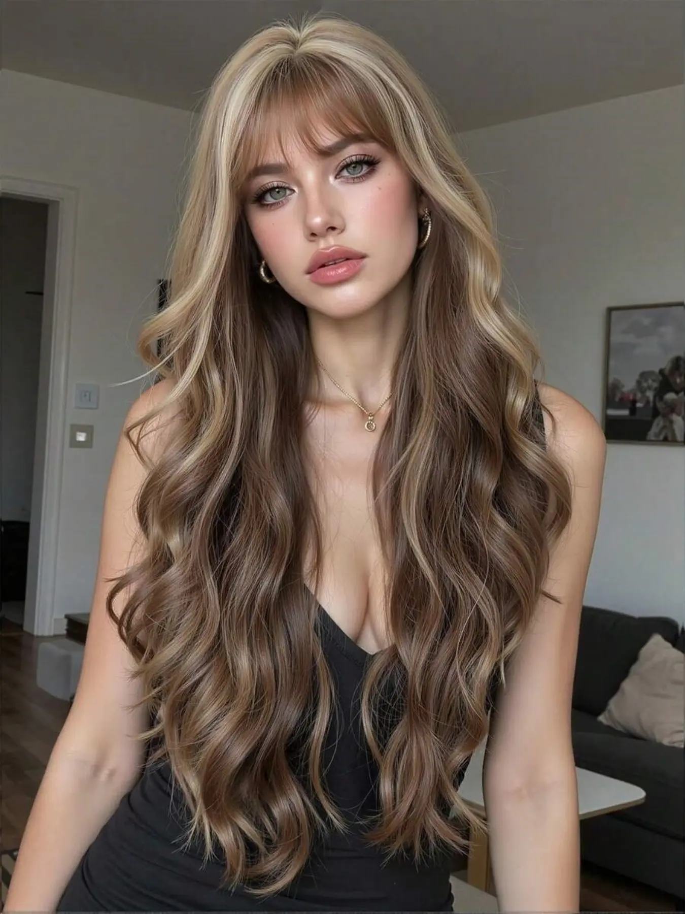 Long Water Wave Synthetic Wig with Air Bangs, Dark Brunette White Highlights Layered, 26inch