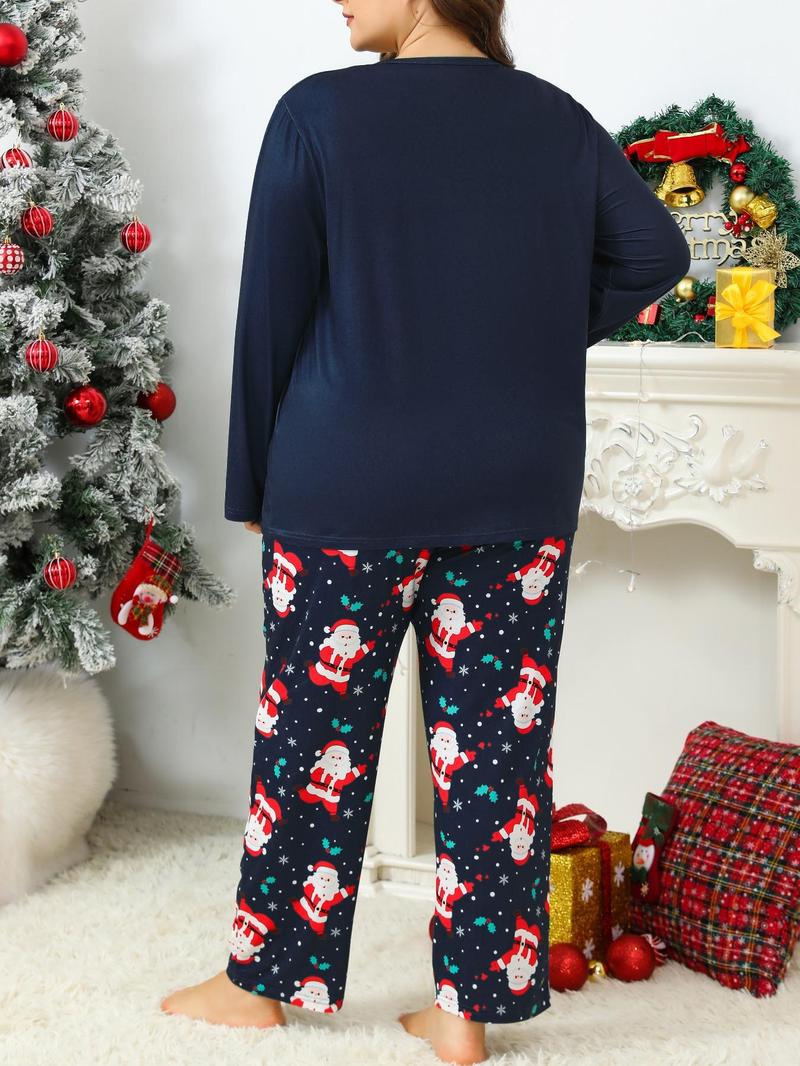 【Plus Size】 Two-Piece Set Letter & Christmas Print Pajama Set, Casual Comfy Round Neck Long Sleeve Top & Pants, Women's Sleepwear for Spring & Fall, Soft Lounge Sets