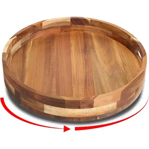 Wooden Lazy Susan for Table Top-12 Inch Wooden Lazy Susan Turntable with Double Handle-Large Wooden-Spice Organizer for Countertop, Table, Cabinet