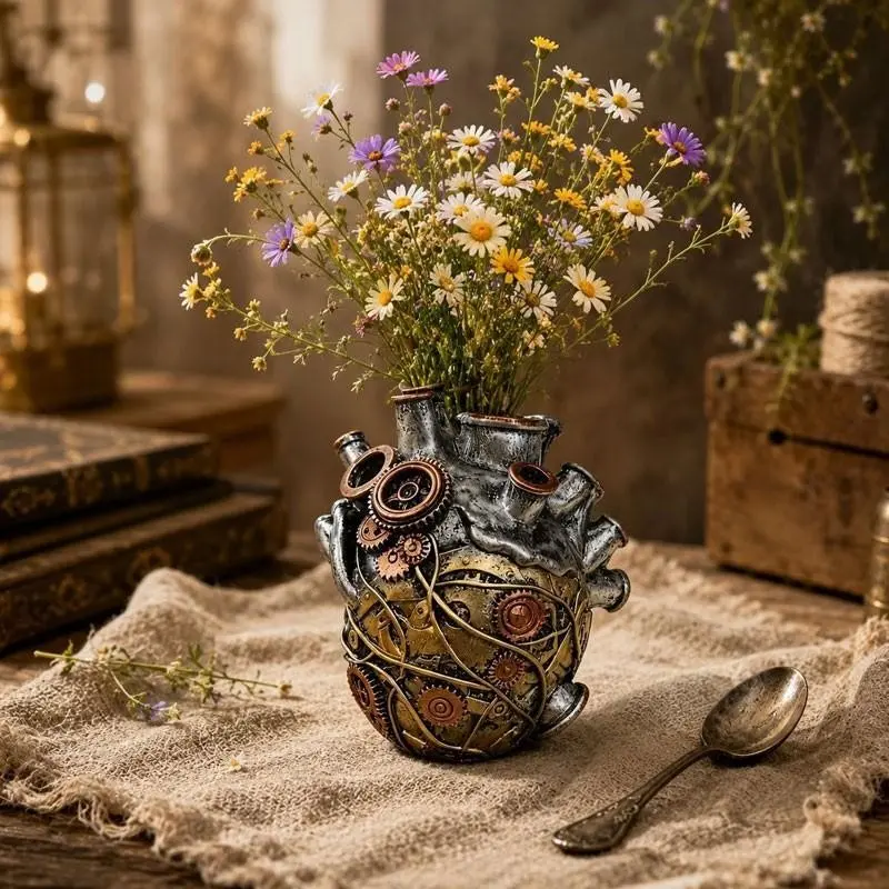1 piece of creative mechanical heart vase - Retro steampunk resin flower pot - Industrial style desktop decoration - Home decoration item