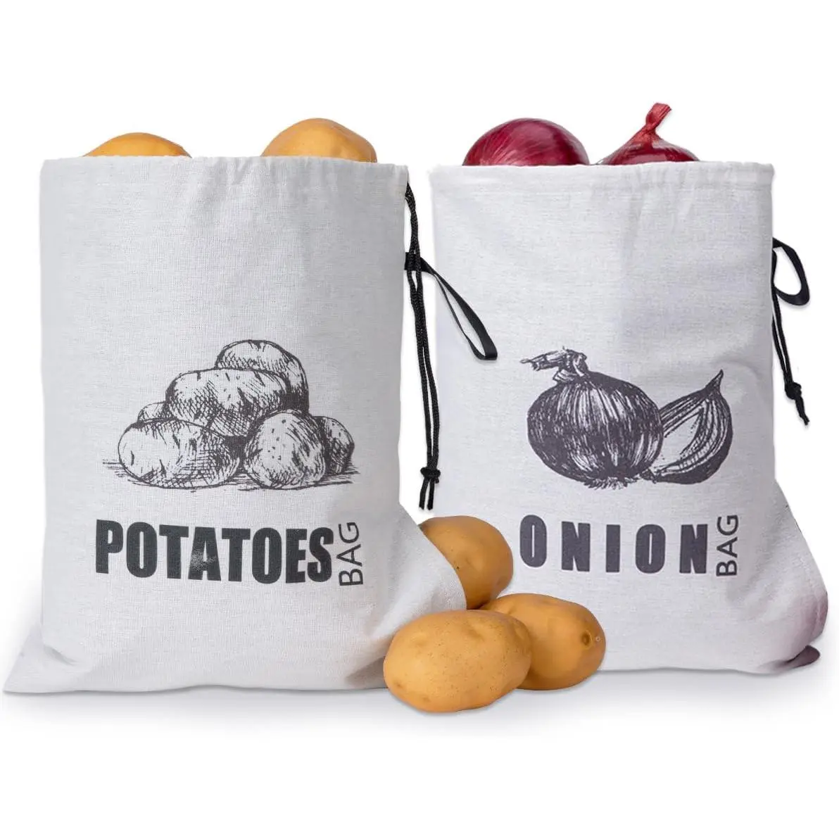 Onion Storage Bag, Fabric Onion and Potatoes Storage Bag, Washable Garlic Potatoes Onions Keeper with Drawstring for Pantry, 2 Pack ( Onion Bag)