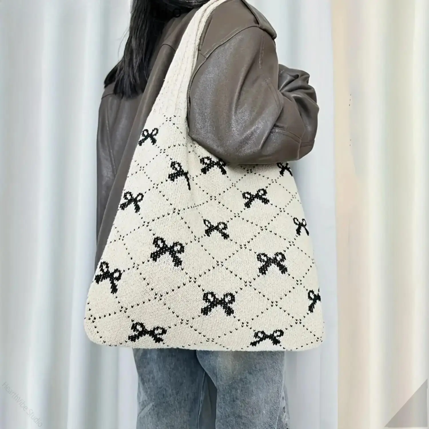 Soft Knit Shoulder Tote Bag for Women, Lightweight Nylon Mix with Bow Pattern, Spacious for Daily Casual Use & Shopping