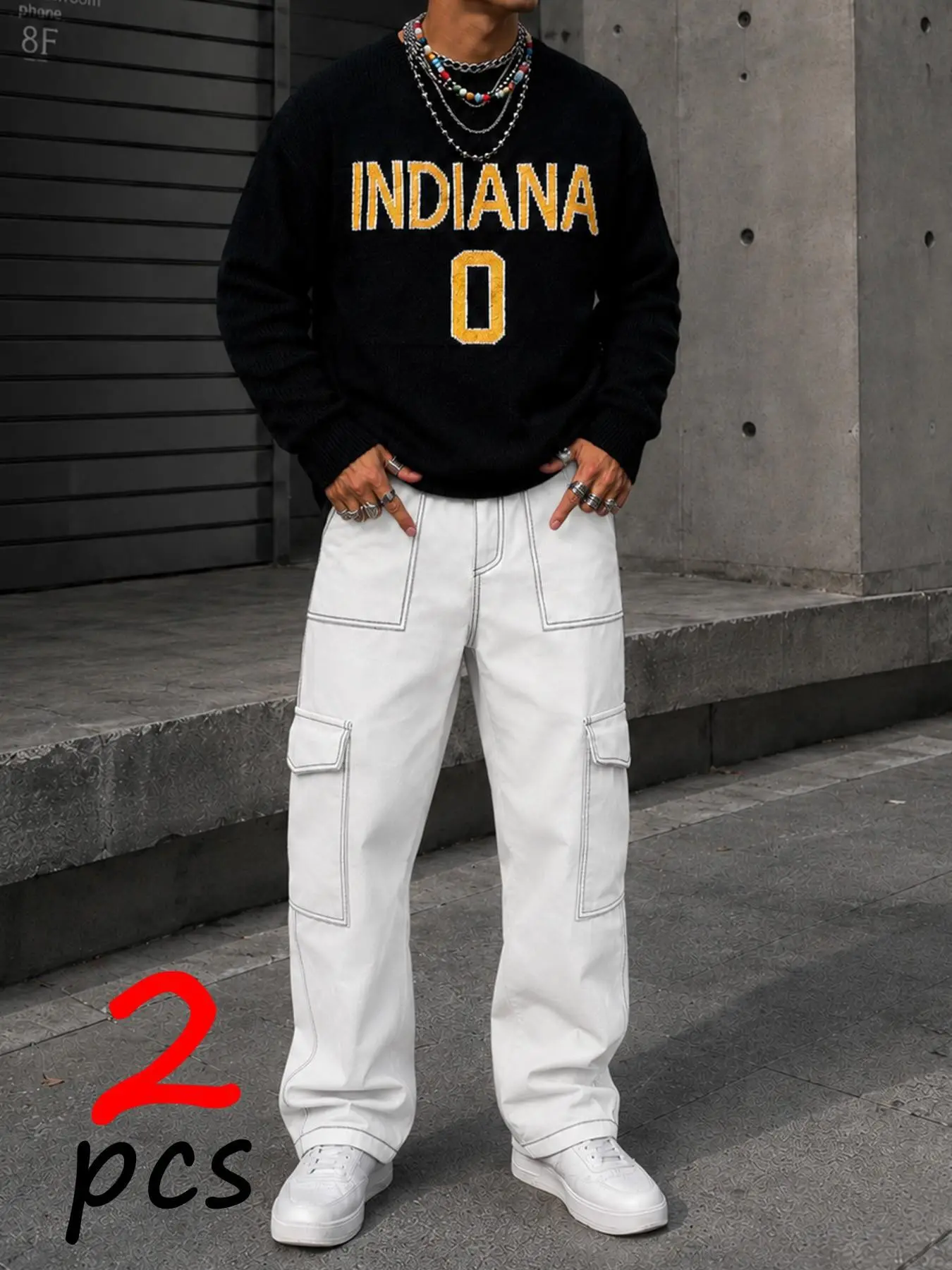 2 Pcs Men Fall Winter Grad Outfit Set, INDIANA 0 Letter Knit Sweater + Contrast Stitch Wide Leg Cargo Pants, Standard Sizes S-XL, Soft Thick Fabric, Loose Comfort Fit Street Co-Ord for Graduation & Daily Cold Weather Casual Looks