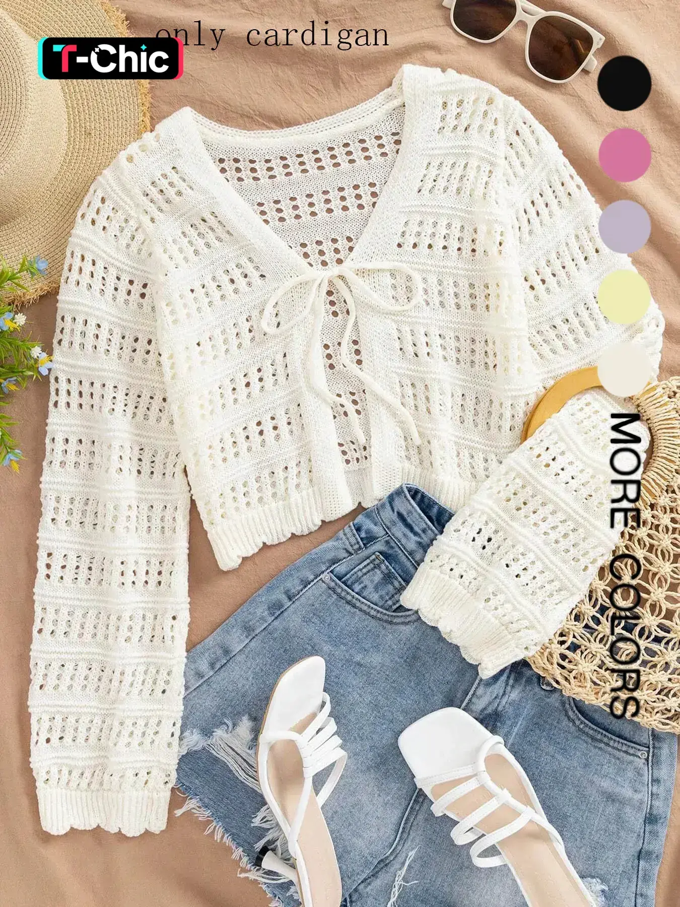 Women's Plain Hollow Out Tie Front Adjustable Lightweight Loose Fit Sweater Cardigans, Casual Long Sleeve Knit Top for Summer, Fashion Women's Knitwear for Daily Wear