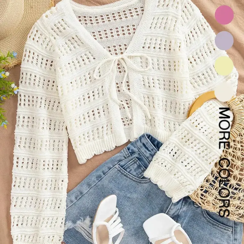 Women's Plain Hollow Out Tie Front Adjustable Lightweight Loose Fit Sweater Cardigans, Casual Long Sleeve Knit Top for Summer, Fashion Women's Knitwear for Daily Wear