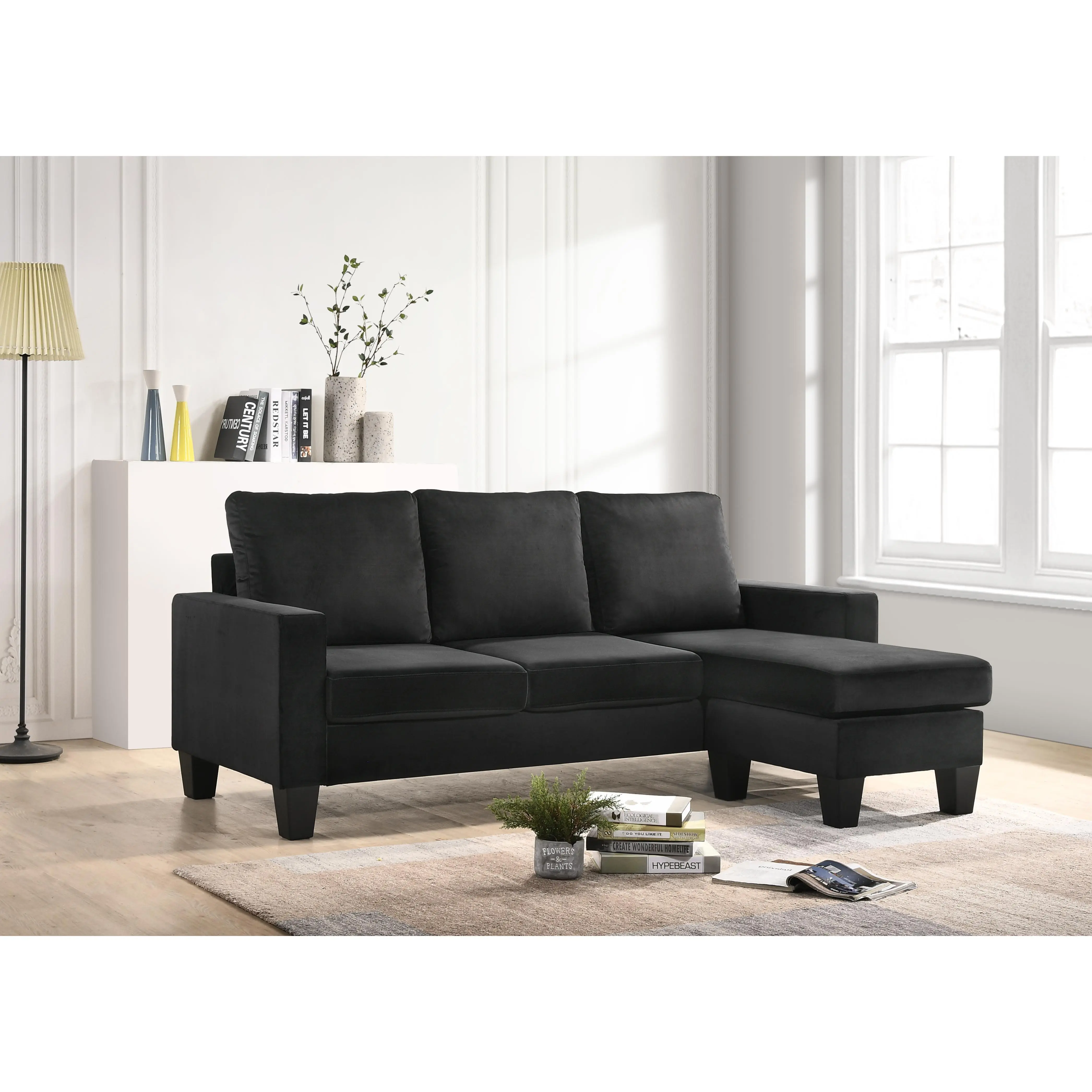 ARCH Jessica Sofa Chaise Black Fabric Upholstered L-Shaped Sectional Couch with Chaise Lounge Ottoman Modern Living Room Furniture Compact Apartment Seating Single Seat Sofa with Chaise for Small Spaces Home Office Lounge, Sofa Couch Seating Search