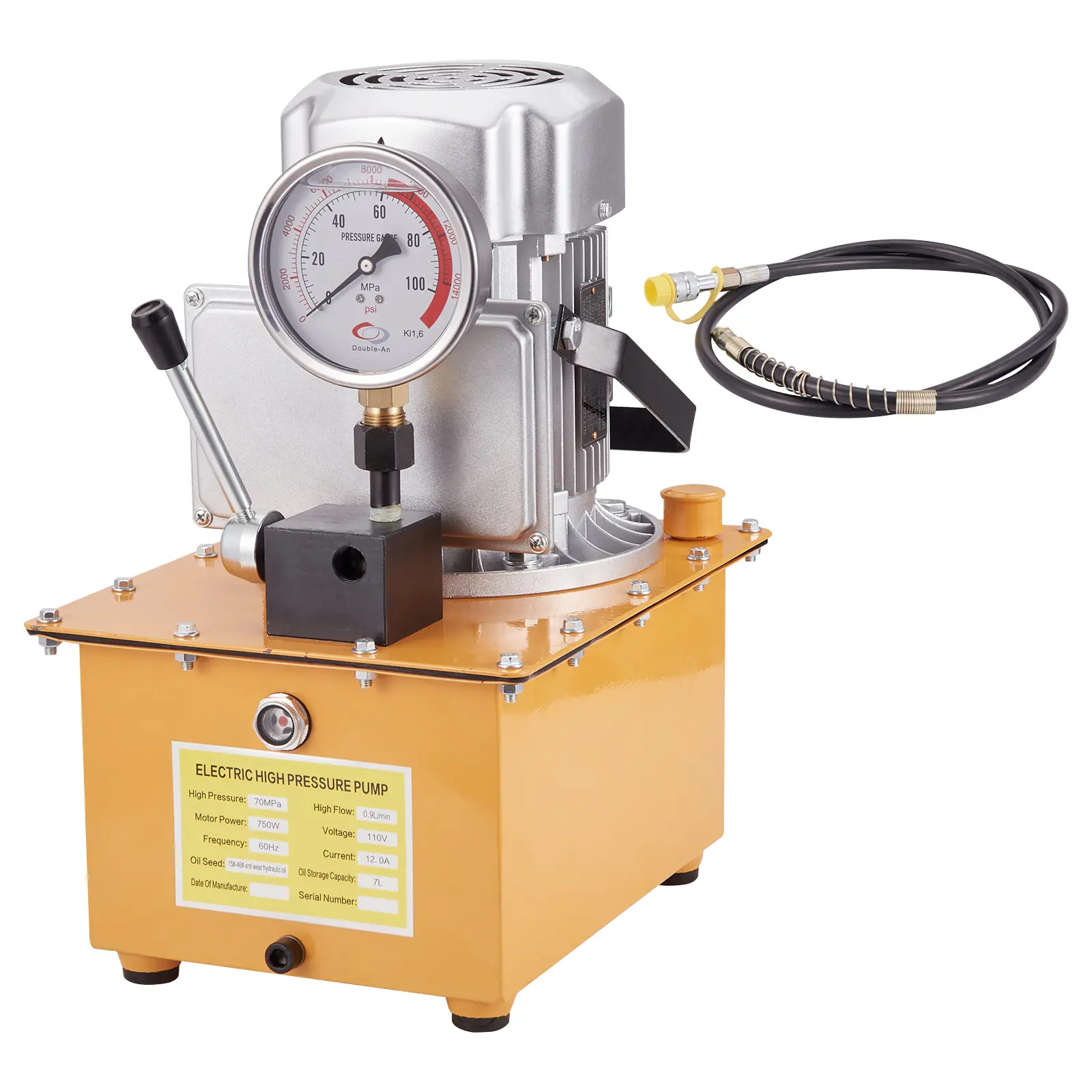 High Pressure 10000 PSI Electric Hydraulic Pump - 750W, 110V Power Unit, Single Acting, 8L Tank, Manual Valve - Ideal for Industrial Hydraulic Applications
