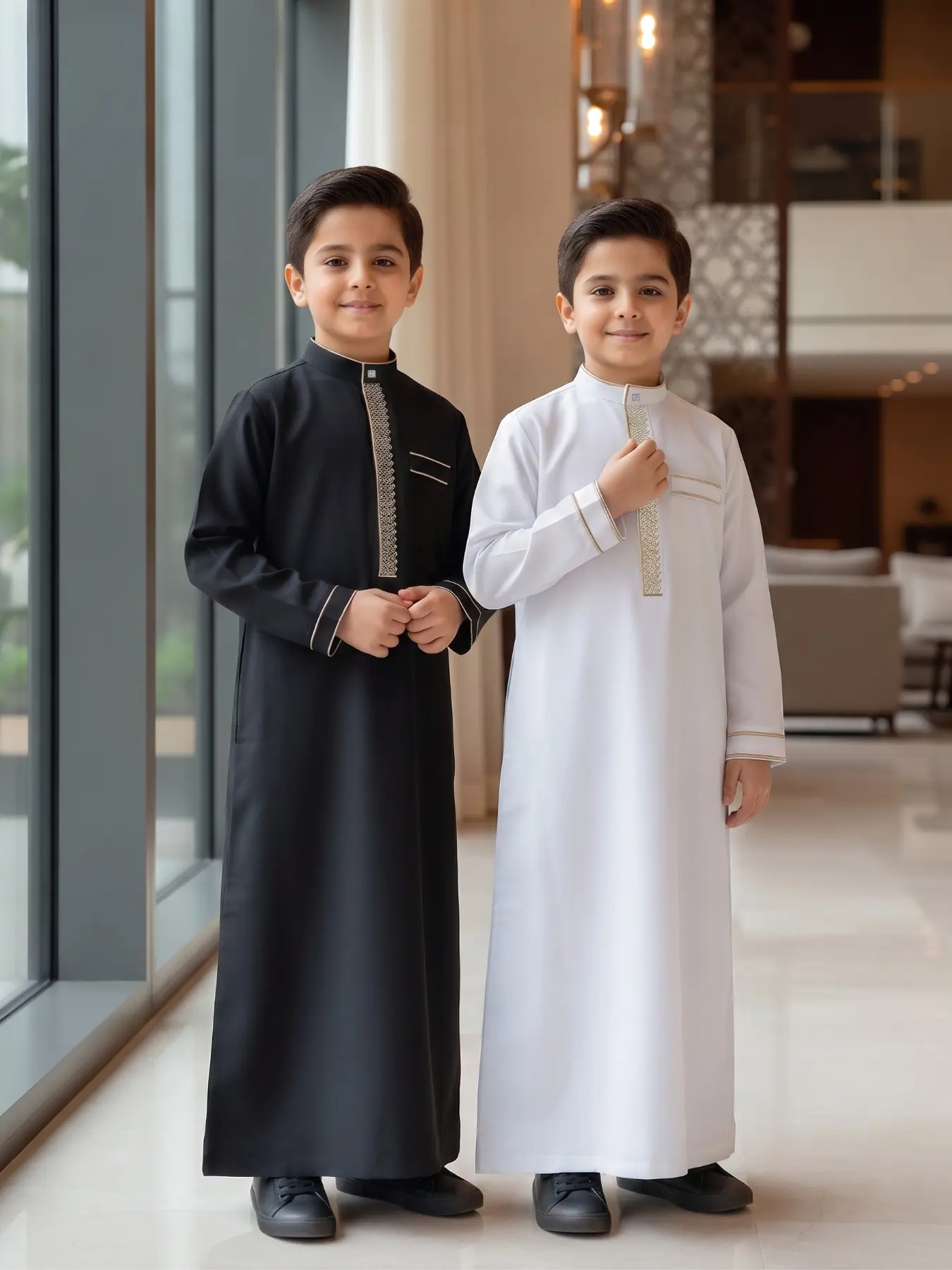 Muslim Traditional Boy Thobe, Elegant 3D Embroidery Button Front Stand Collar Side Pocket Long Sleeve, Suitable for 8-12 Year Old Boys