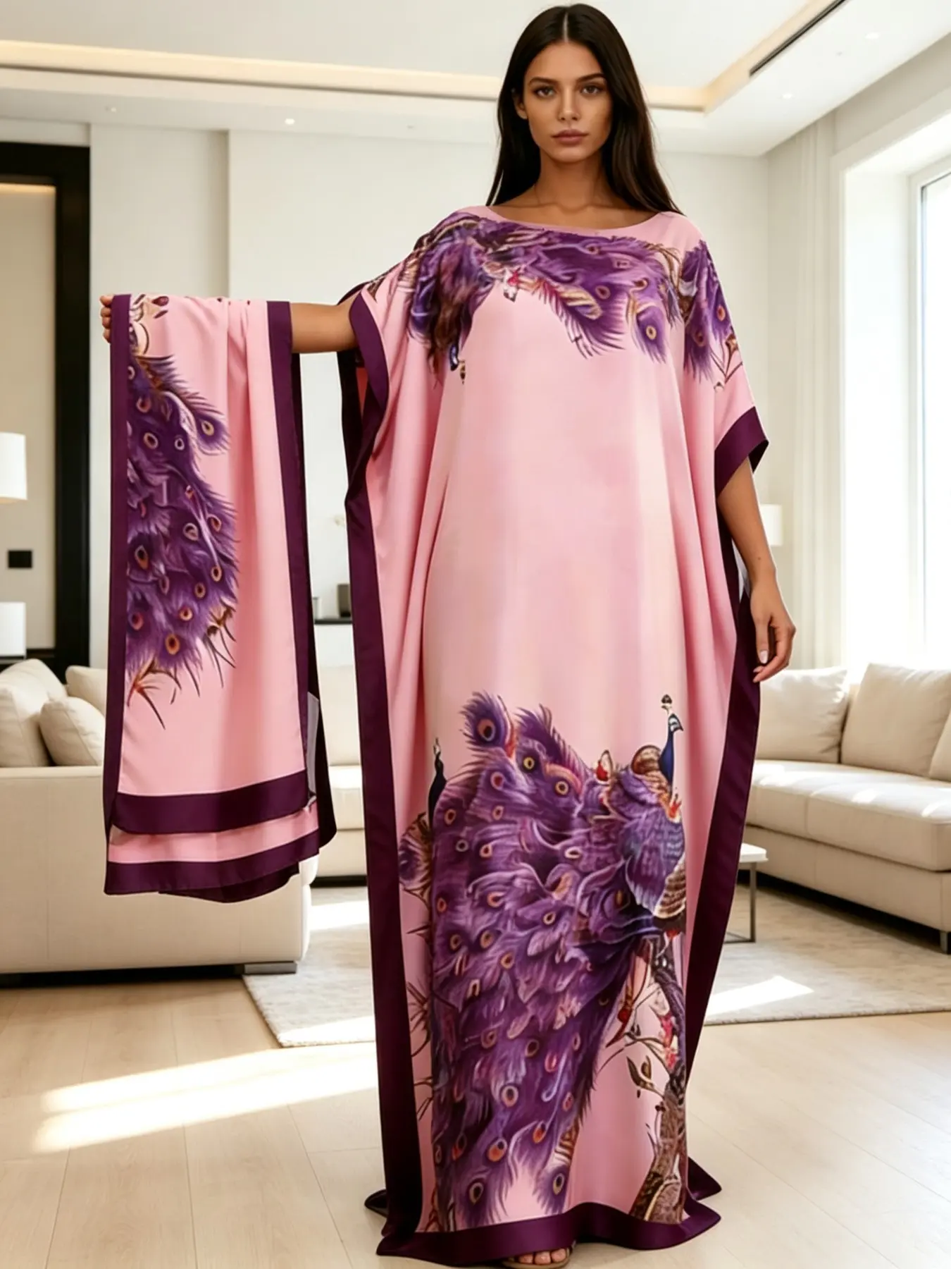 Plus Size Women's Two-Piece Satin Kaftan Set, Light Peacock Feather Print Long Robe with Matching Headscarf, Loose Fit Home Wear