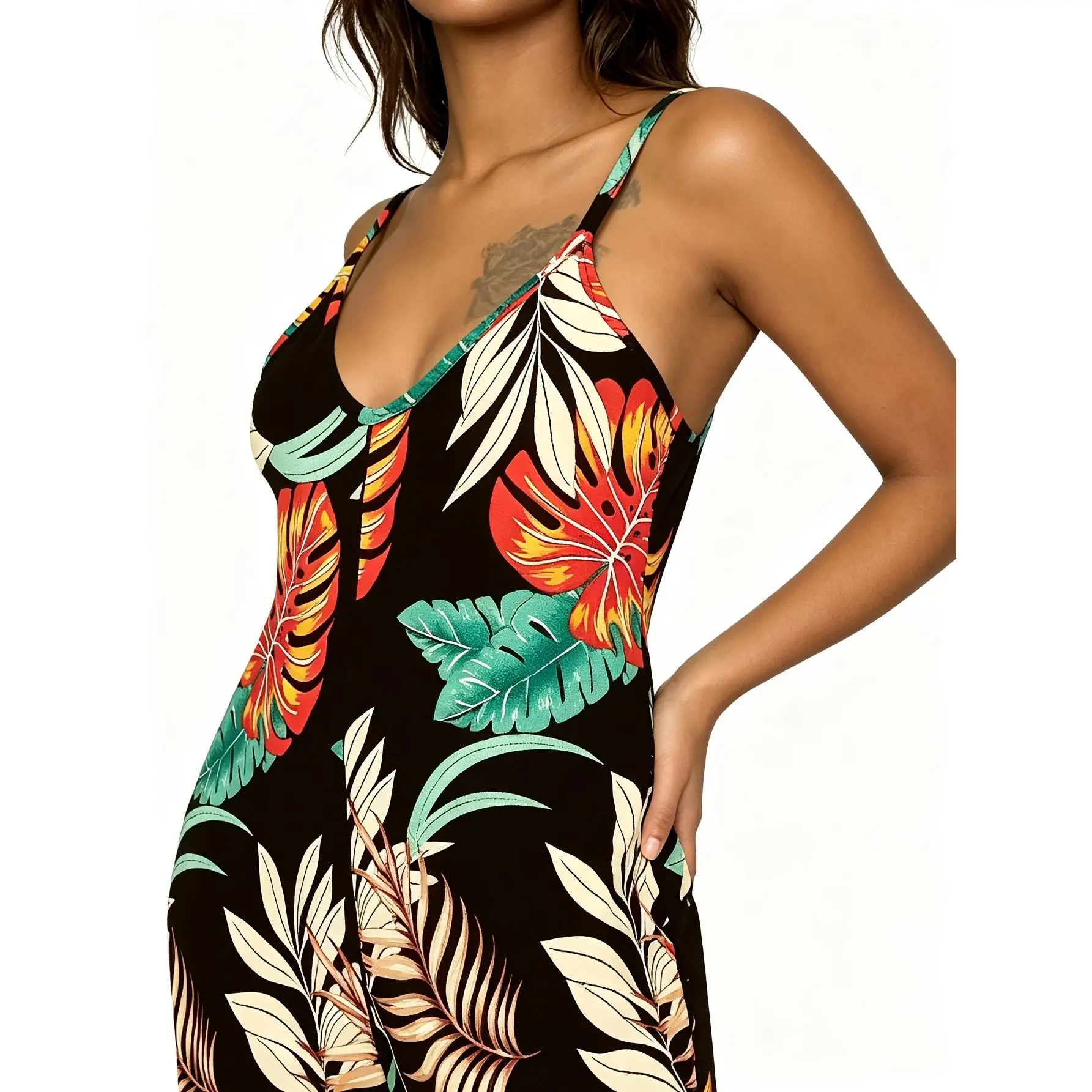 Women'S Black Tropical Botanical Print Spaghetti Strap Sleeveless Pocketed Straight-Leg Loose Long Jumpsuit, Women'S Summer Jumpsuit| Relaxed Casual Style, Perfect for Daily Outings, Shopping And Spring And Summer Vacations
