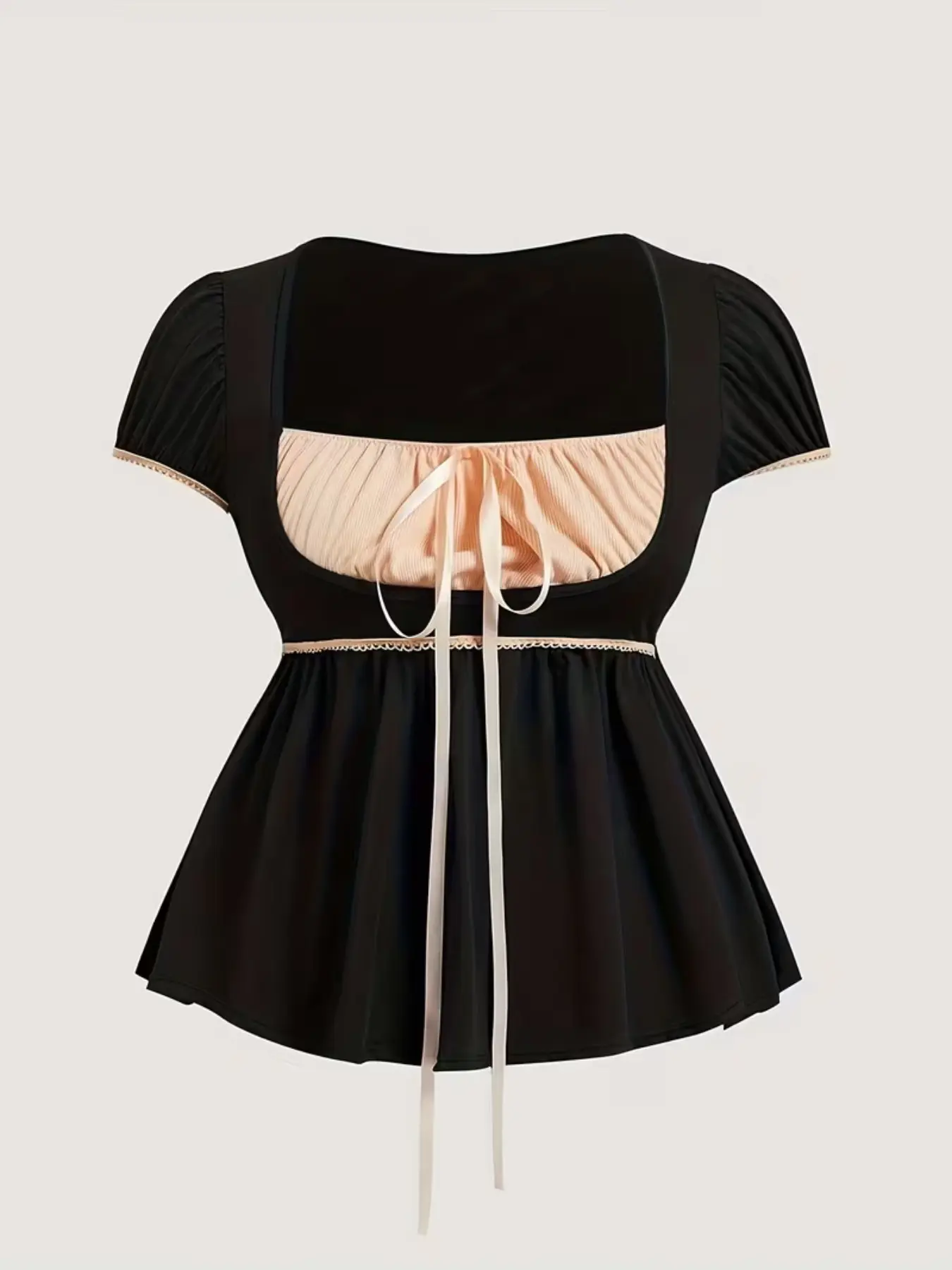 Womens Plus Size Stretchy Babydoll Top Square Neck Short Sleeve Bow Tie Coquette Aesthetic Shirt Curve Flattering Peplum Blouse Casual Daily Wear Date Night Y2K Trendy Summer Outfit Match with Jeans Everyday Tops