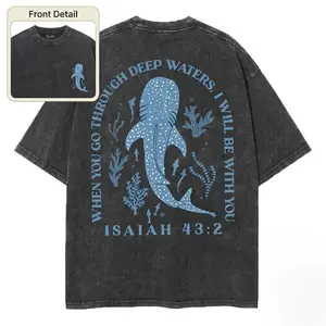 Unisex I Will Be With You Double Sided Christian T-Shirt, Whale Graphic Vintage Washed Cotton Tee, Religious Faith Top for Men Women