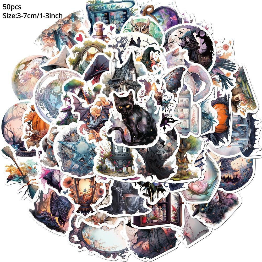 50pcs Cartoon Witch Style Series Graffiti Sticker, Children's Decorative Collage Decal, PVC Waterproof DIY Decorative Sticker For Stationery Computer Water Bottle Skateboard, Halloween