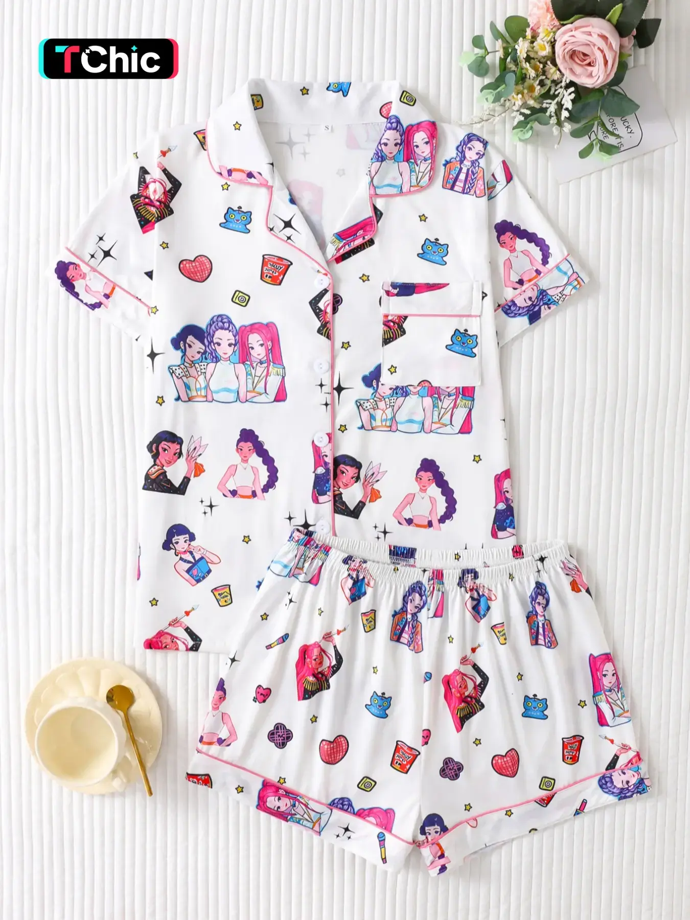 Women's Christmas Devil Print Pajama Set Loungewear Knit, Lapel Button Fitted Short Sleeve Top & Loose Fit Shorts, Elegant Party Sleepwear Pjs