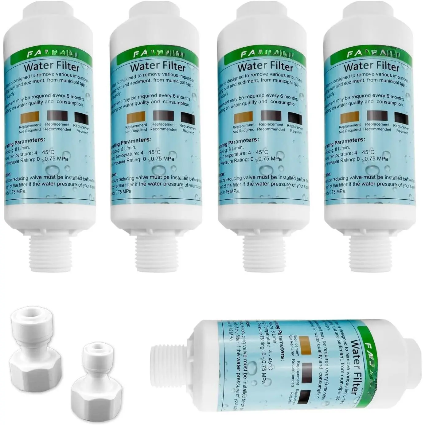 Bidet water filter for  bidet seats, Toilet water filter system, 1/2" Threads, 5 count filters + 2 count adapters, compatible with 1/2" 1/4" 3/8" Bidet water hose