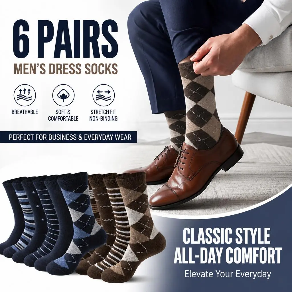 Men's Argyle & Striped Dress Socks, Calf High Nylon Blend for Business & Formal Menswear, Machine Wash, 6 & 12 Pair Pack, Knee-Length Socks