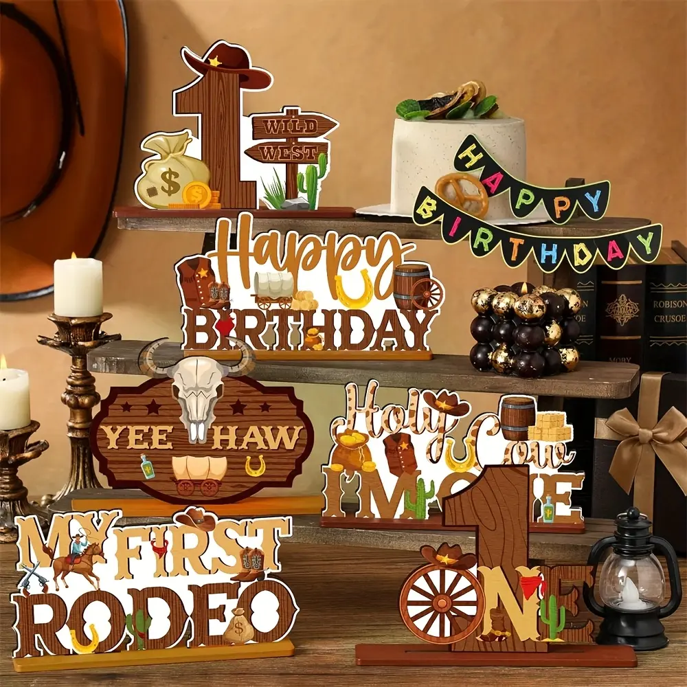 Set of 6 2D Flat Wooden Western Cowboy Table Centerpieces, My First Cowboy Birthday Table Decor with Cowboy Hat, Bull Skull and Cactus Pattern, Farmhouse Table Ornaments for Teen Party, Western Home Decorations, Party Decoration Supplies