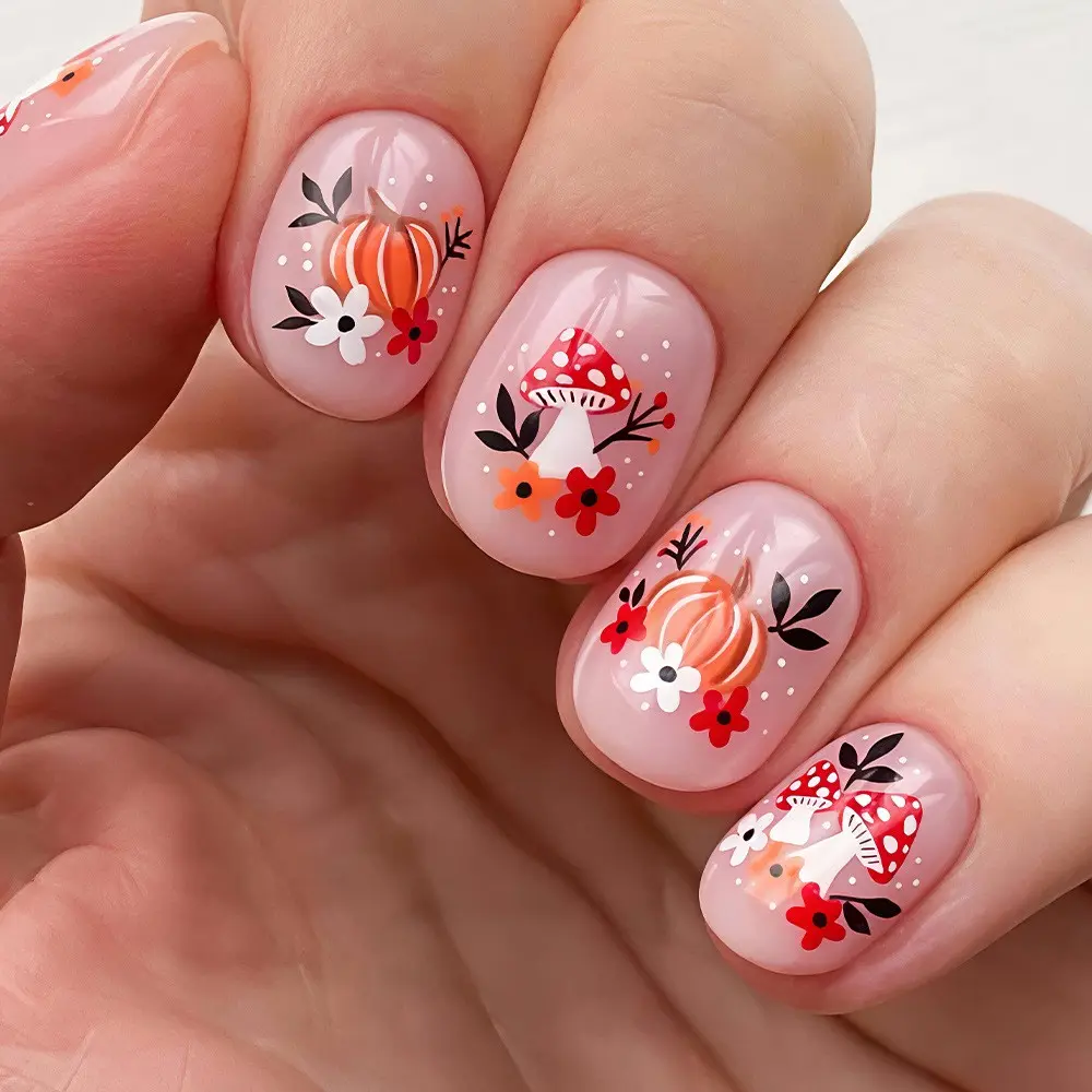 Mx-285 Mushroom Pumpkin Flower Maple Leaf Thanksgiving Short French Press-On Nails, 24 Pieces DIY False Nails for Women and Girls