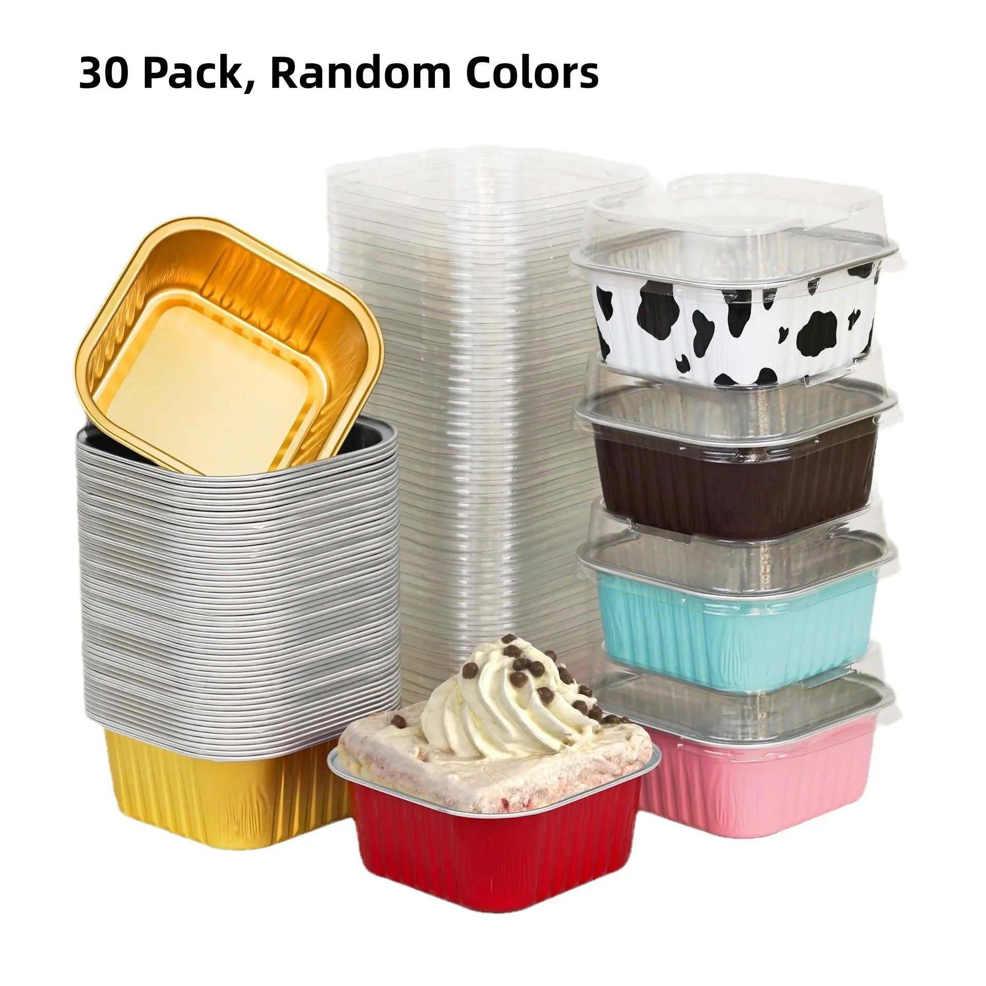 30-Pack 5oz Mini Cake Aluminum Foil Cups with Lids, Disposable Sweet Treat Containers, Home Baking Tools, Individual Cupcake Containers, Perfect for Parties and Picnics