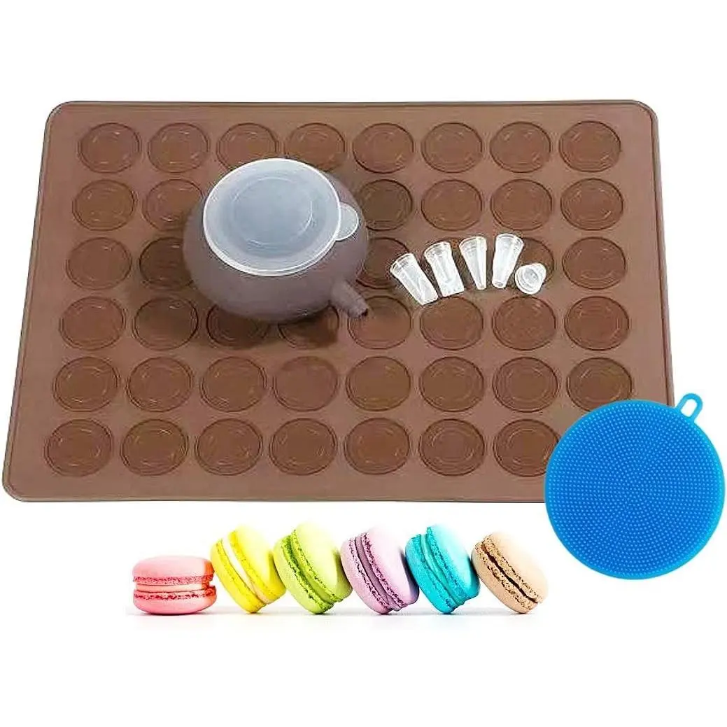 Food Grade Silicone Brown Macaron Baking Kit Tray Set with Piping Pot, 4 Nozzles & Cleaning Scrubbing Pad, Non-Stick Reusable Macaroon Baking Supplies