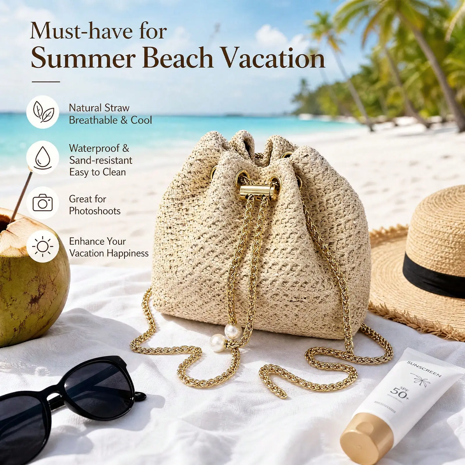 Women's Drawstring Bucket Bag, Lightweight Hollow Woven Crossbody & Shoulder Purse with Gold Chain Strap for Summer Vacations, Drawstring Bucket Women's Crossbody & Shoulder Bags, Lightweight Mini Women's Crossbody & Shoulder Bags