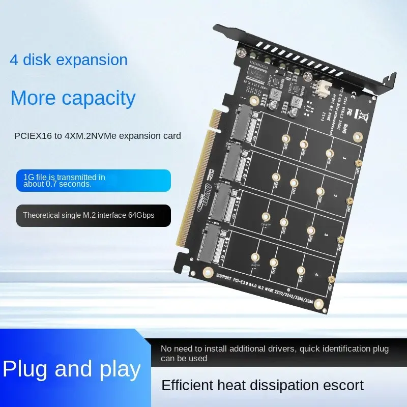 Pcie X16 to 4 Port M.2 Nvme SSD Adapter Card, 4 Channel Expansion, 64gbps High Speed, Efficient Heat Dissipation, Compatible with 2230/2242/2260/2280 M.2 Ssds