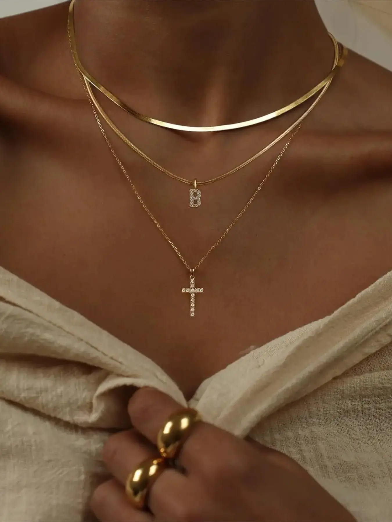 Layered Gold Necklaces for Women Tiny Initial Necklaces Stainless Steel Stackable Necklaces with CZ Cross Design Safety Pin Necklace Chains