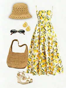Women's Casual Wear Lemon Print Sleeveless Vacation Dress, Comfortable and Stylish Summer, Perfect for Beach and Leisure Activities