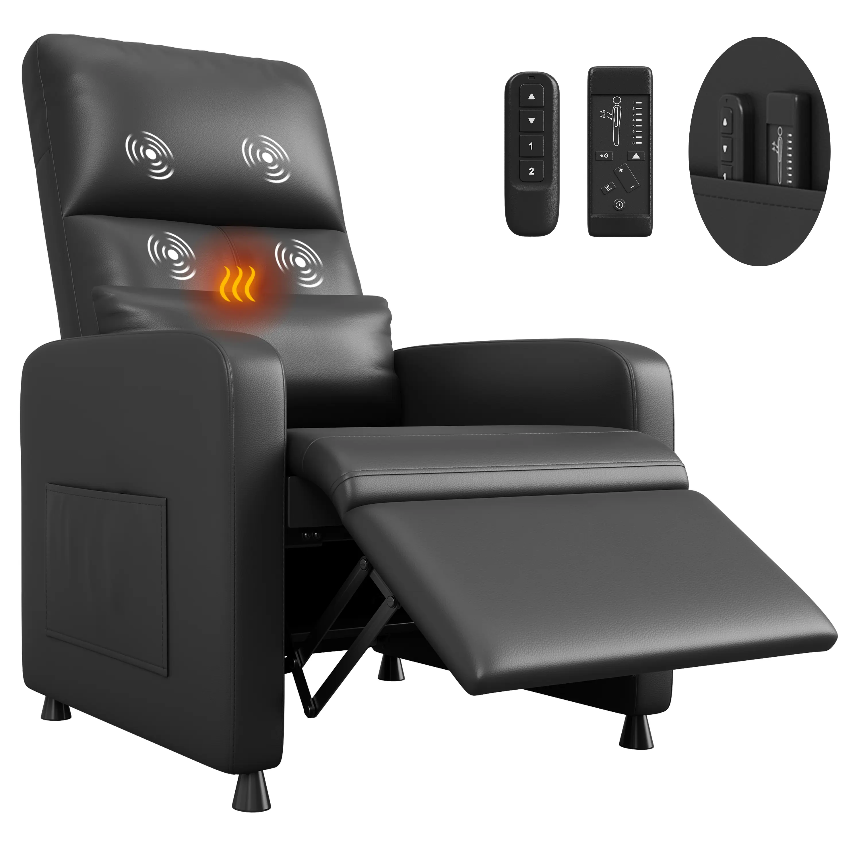 Power Recliner Chair with Heat & Massage, Electric Adjustable PU Leather Single Recliner - Tall Back, Overstuffed High-Density Cushion, 4 Massage Motors, Lumbar Heat, USB Port, Side Pockets - Color: Brown