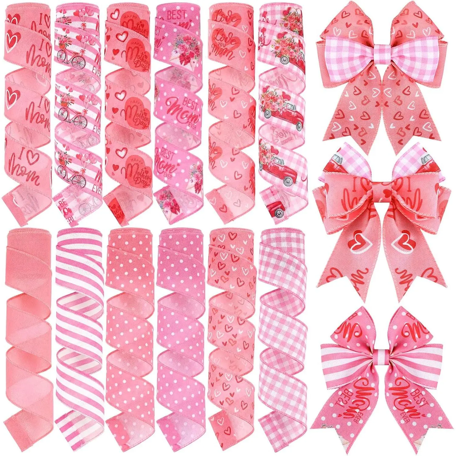 12 Rolls Mother's Day Wired Edge Ribbon  Wreaths 2 Inch x 60 Yards Pink Burlap Stripe Ribbons Happy Mother's Day Love You Mom Floral Decorative  Bow Wreath DIY Craft Gift Wrapping Decor
