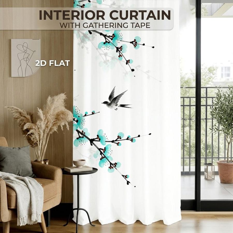 2Pcs Chinese Style Plum Blossom & Bird Pattern Decorative Sun Blocking Curtains Digital Printed Rod Pocket, Window Treatment For Bedroom Office Kitchen Living Room Study Home Decor