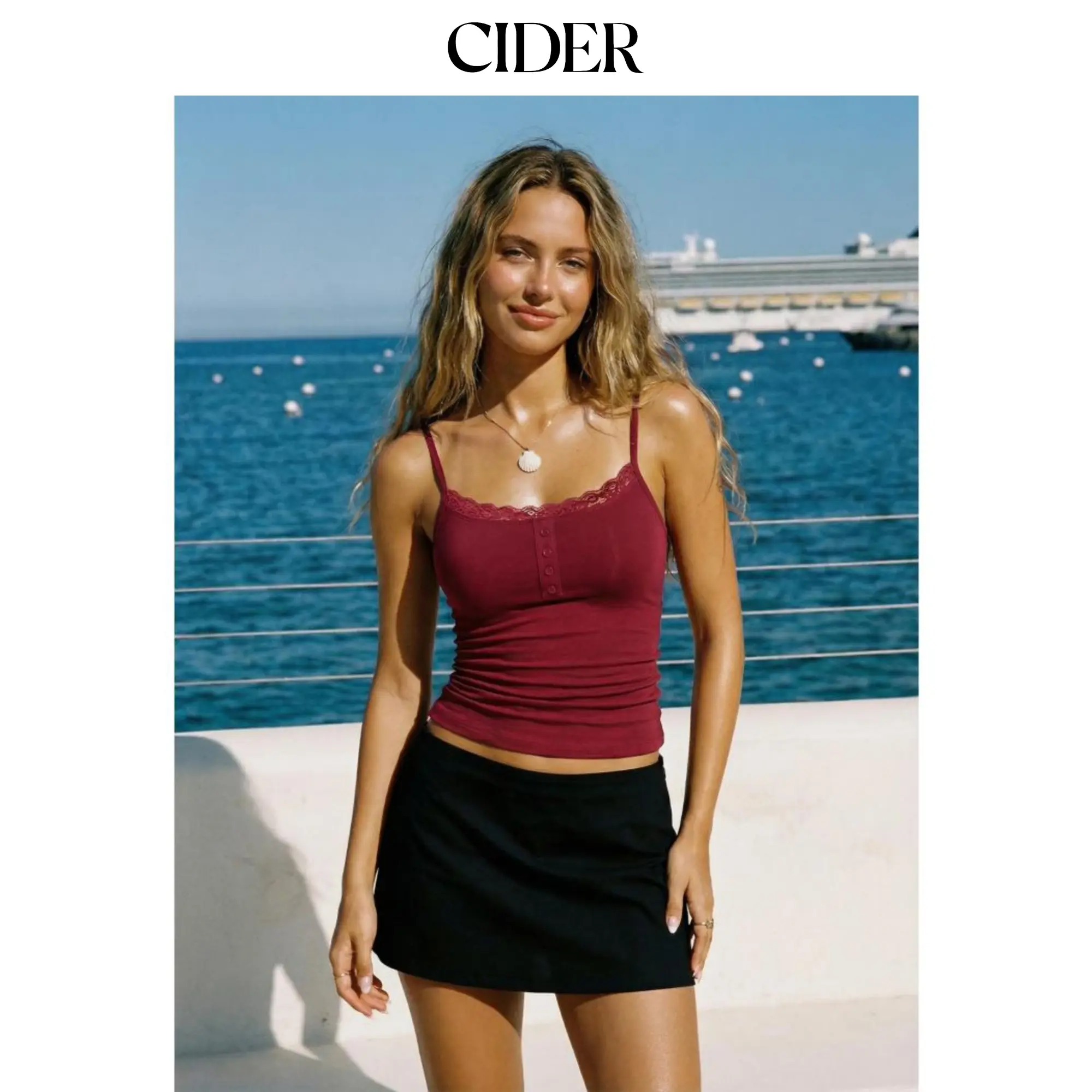 Cider Lace Panel Ruched Henley Cami Top Casual Sleeveless SummerWins SummerFinds