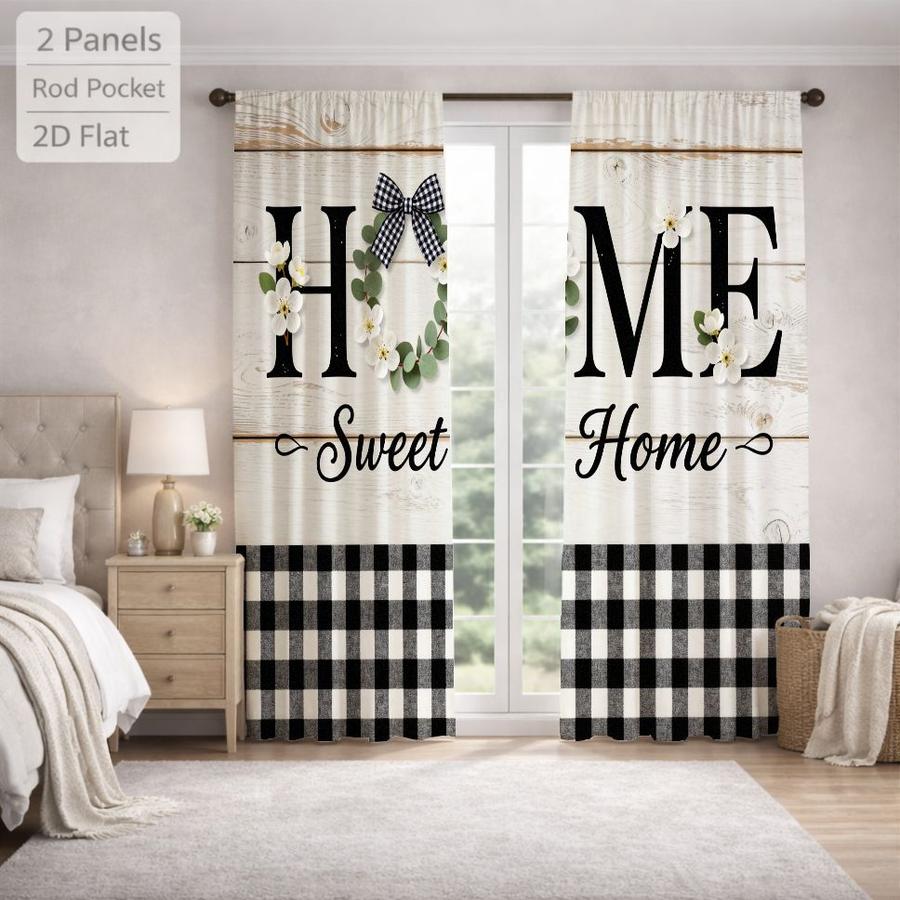 2Pcs Rustic Plaid Farmhouse Letter Print Sun Blocking Curtains Digital Printed Rod Pocket, Window Treatment For Bedroom Office Kitchen Living Room Study Home Decor