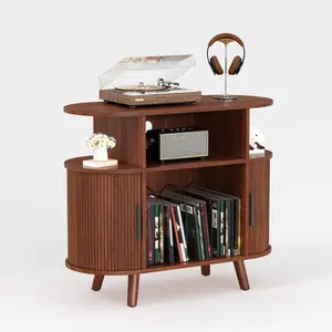 Mid-Century Modern Record Player Stand – Fluted Design – Vinyl Storage for 300 Albums, Charging Station, Display Shelf – Large Turntable Cabinet for Living Room