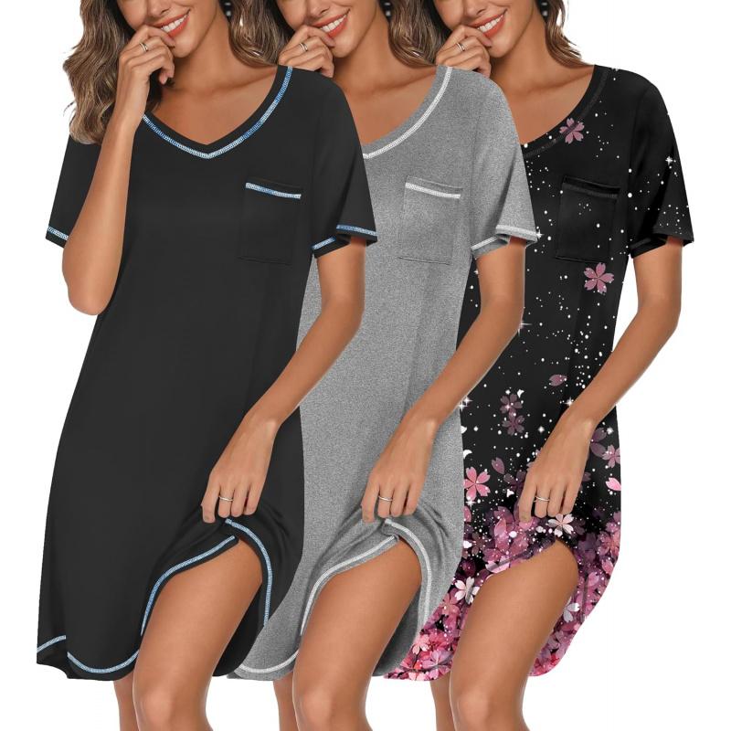 3 Pack Nightgowns for Women Short Sleeve Sleep Shirts T Shirt Night Gown V Neck Nightshirts Soft Sleepwear Dress2026