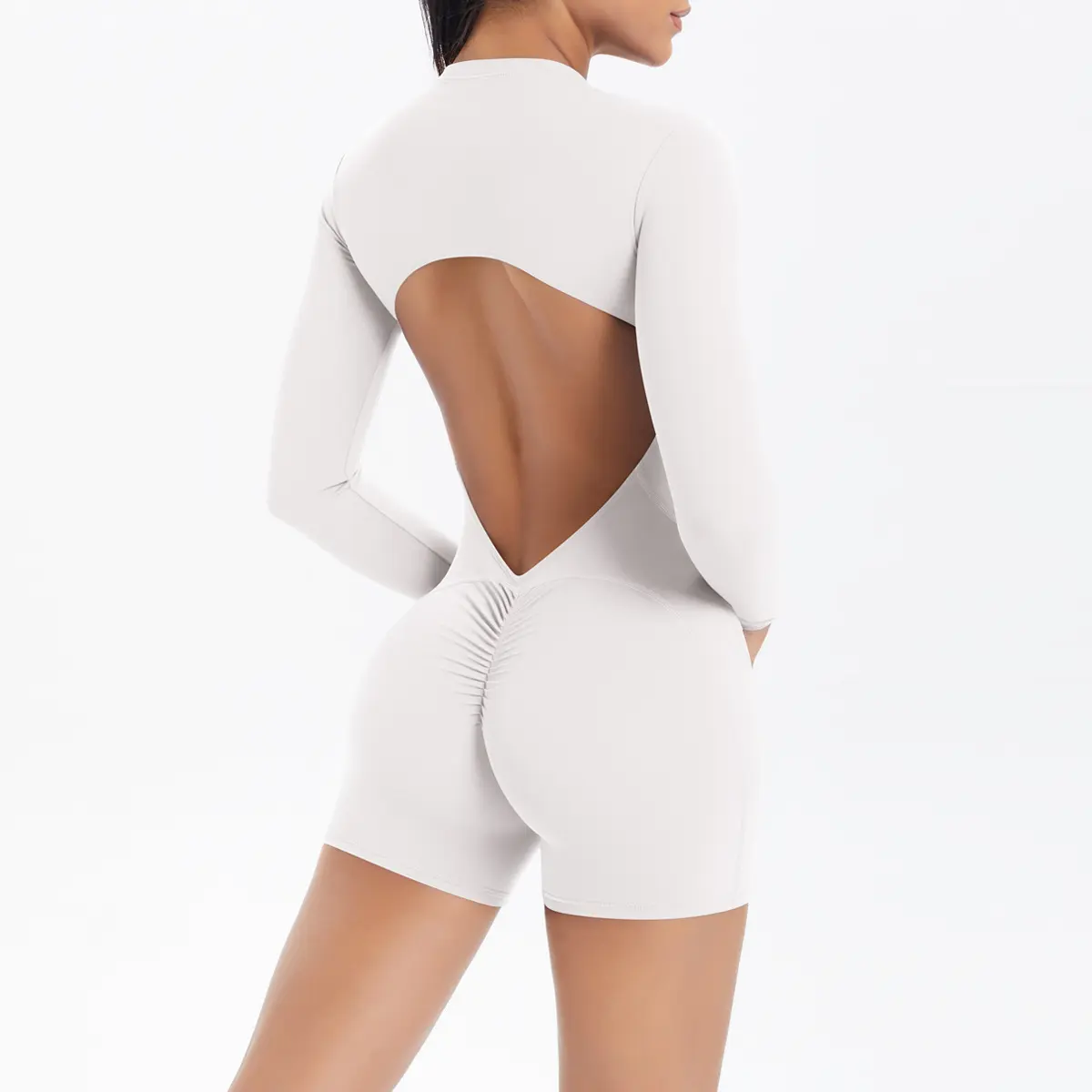 Women Long Sleeve Cutout Back Bodysuit High Neck Half Zip Activewear One Piece Romper Yoga Workout Running Jumpsuit Compression Ruched Hip Shaper Tummy Control Fitness Gym Shapewear