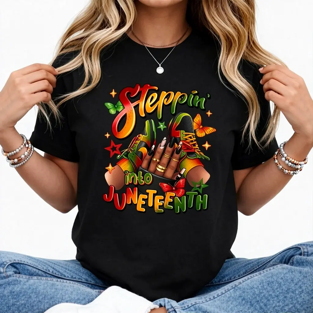 Steppin' Into Juneteenth Black Woman T-shirt, Sneaker Girl Shirt, Juneteenth Sneakers Tees, African American T-shirt, Black Girl Magic Shirt, Gift for Her