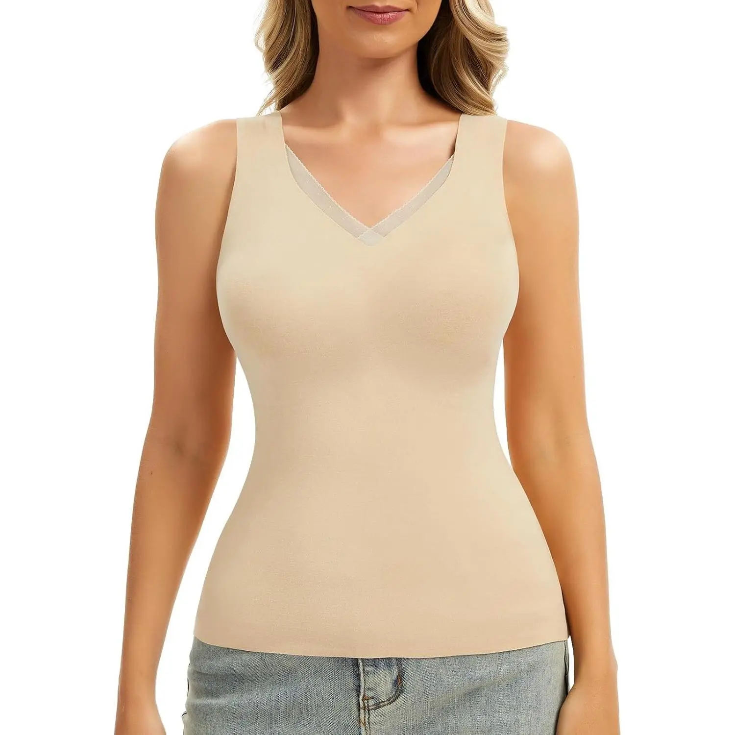 Sleeveless Thermal Tank Top Women for Cold Weather Camisole Tops for Women V Neck Lace Tank Top