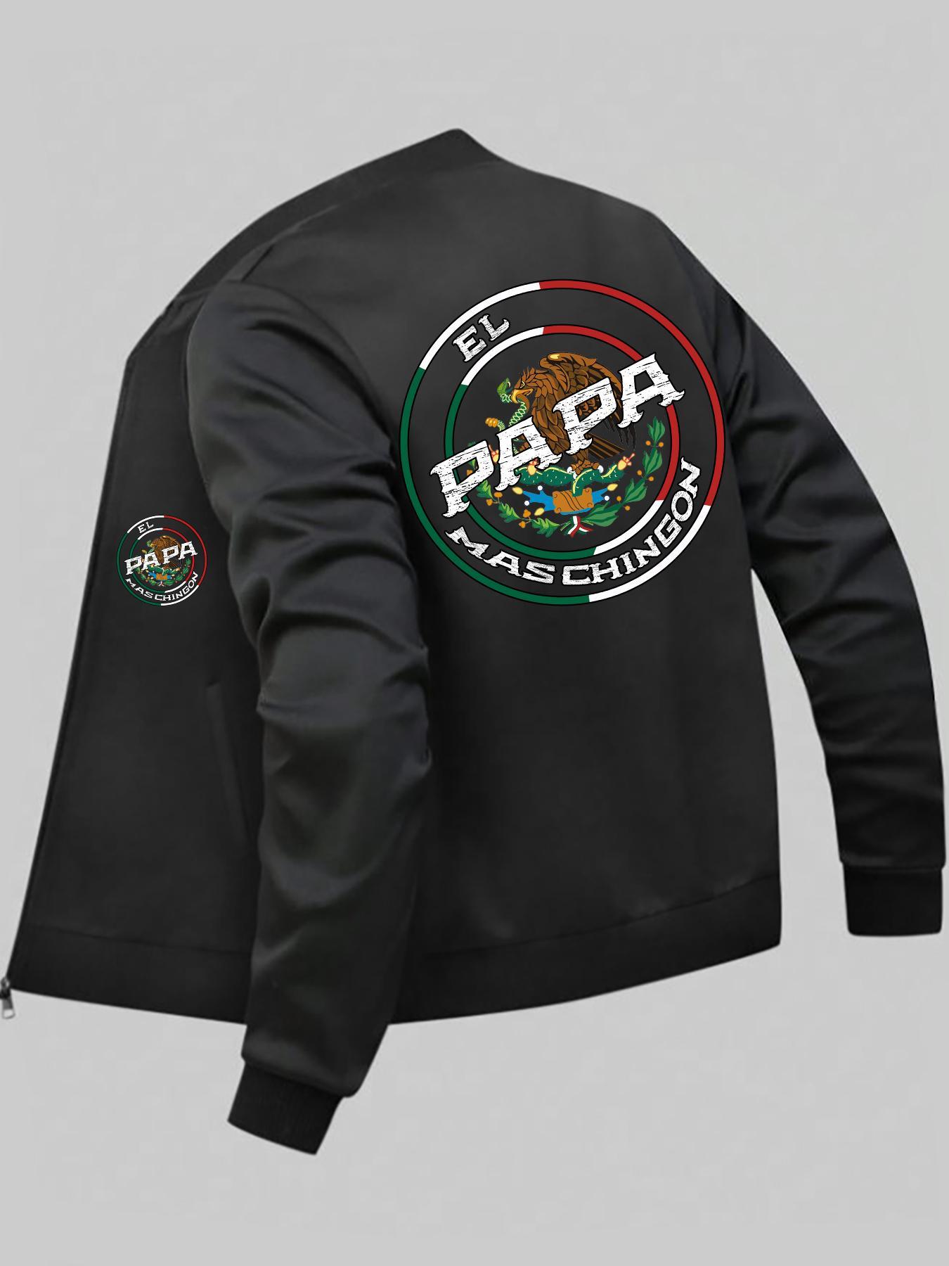 Men's Mexico Flag Print Bomber Zipper Jacket, Regular Fitted Casual Letter Print Long Sleeve Baseball Collar Outerwear for Spring & Fall, Baseball Jacket, Fashion Men's Clothes for Daily Wear, Men's Clothing